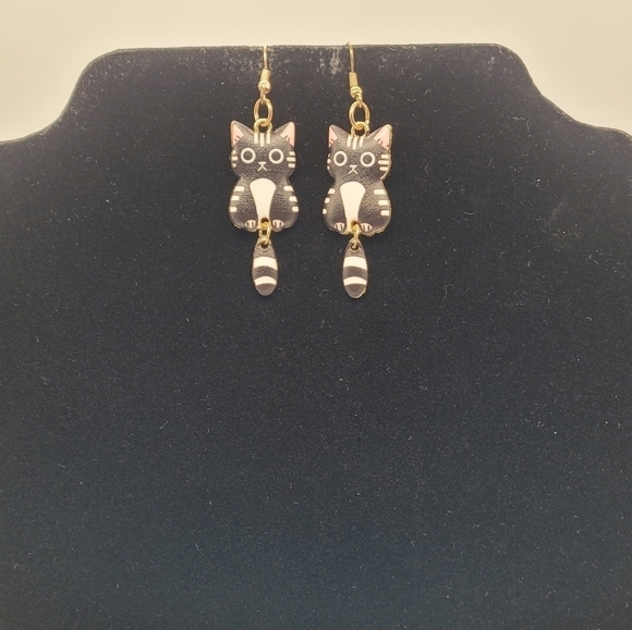 Enamel Cat Earrings with Swinging Tails​​​ - Picture 3 of 3